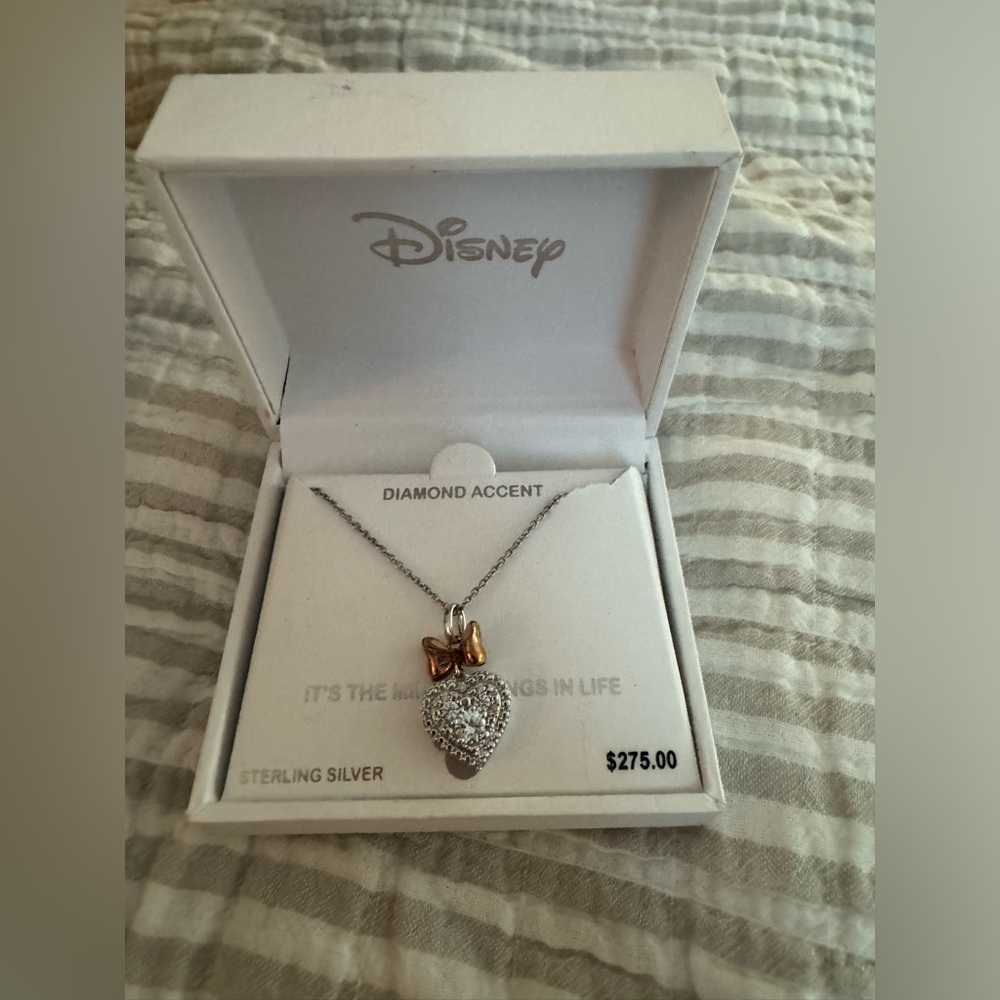 Disney Hidden Mickey Diamond CZ Heart Sterling Silver Rose Gold Minnie Necklace